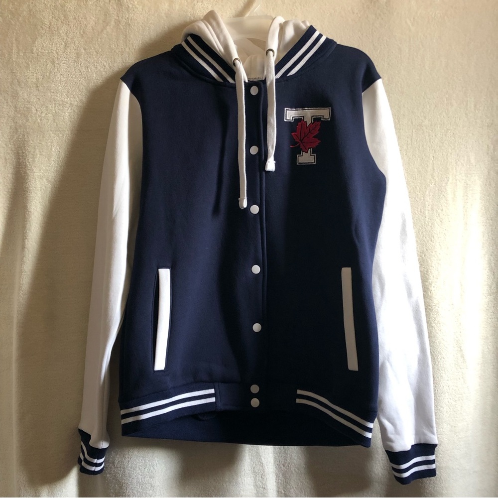 Varsity navy blue and white hoodie fleece jacket U of T